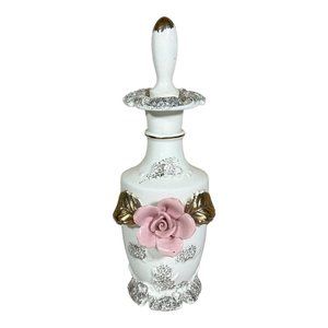 Tilso Japan Porcelain Perfume Bottle + Stopper 3D Applied Roses 8" Embossed VTG